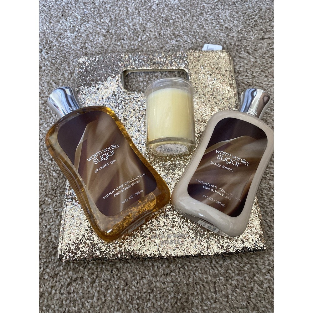 Bath And Body Works Warm‎ Vanilla Sugar Candle Lotion Shower Gel And Gift Bag